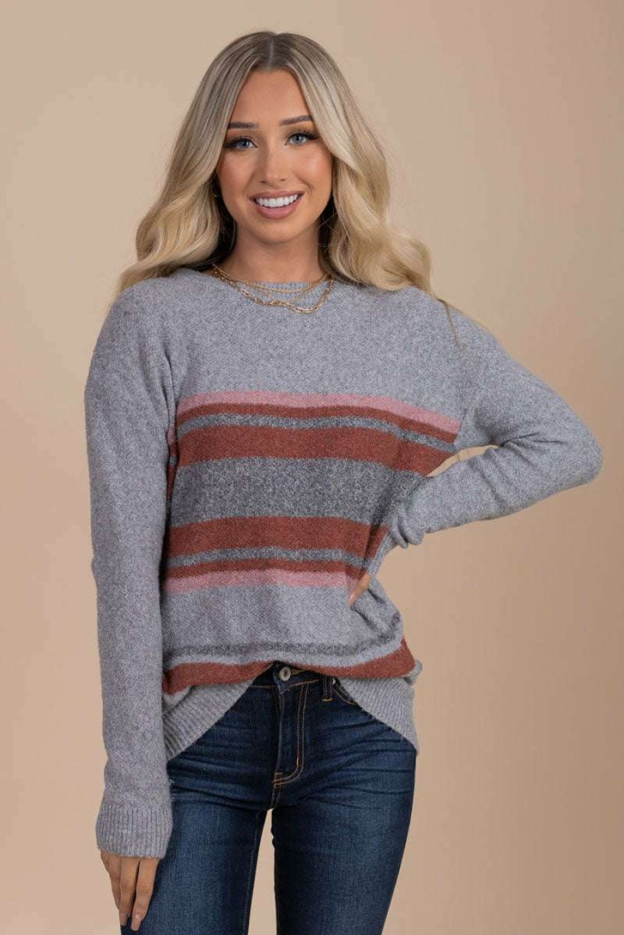 Sweaters * | Brand New Be Cool Life She'S Imagined Striped Pullover Gray