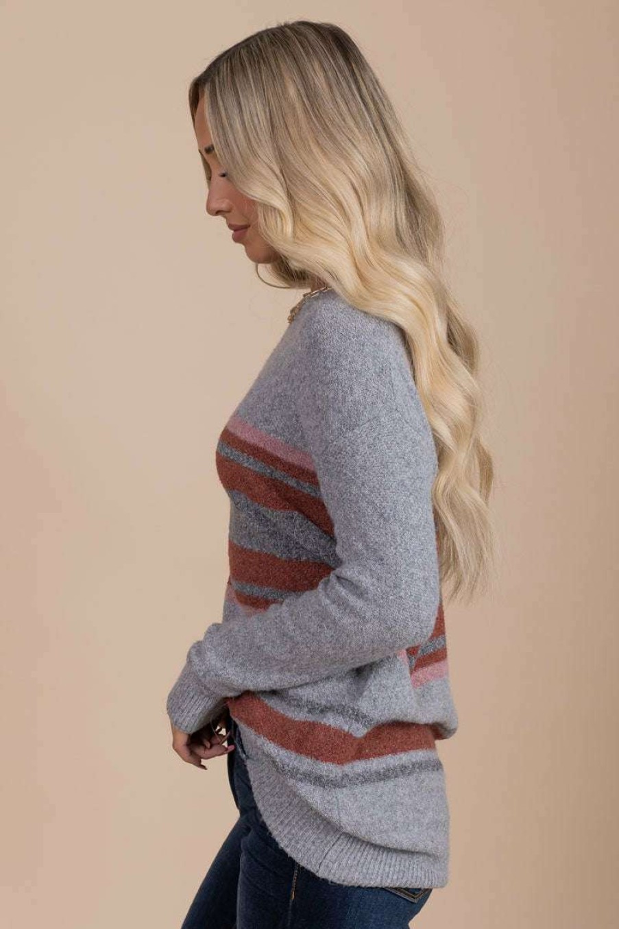 Sweaters * | Brand New Be Cool Life She'S Imagined Striped Pullover Gray