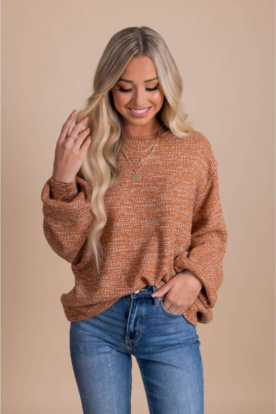 Sweaters * | Deals Zenana All The Right Things Balloon Sleeve Sweater Orange