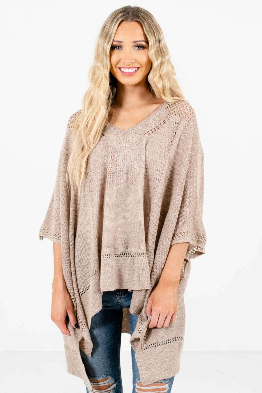 Sweaters * | Best Reviews Of Bella Ella Boutique Joyful Heart Taupe Brown Sweater Poncho