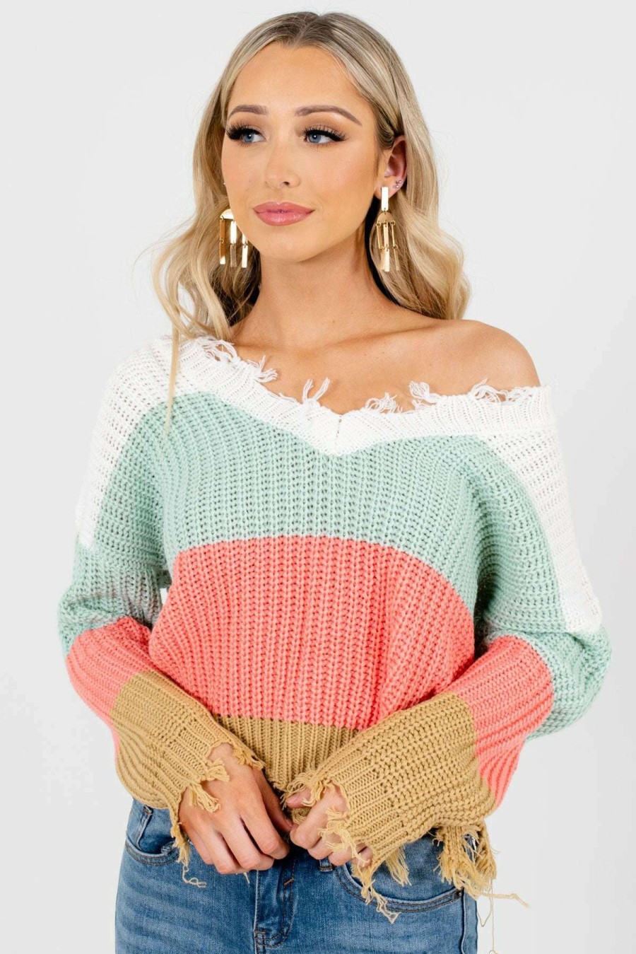 Sweaters * | Discount Love Tree / Style Melody Playful Hearts Mint Multi Striped Sweater