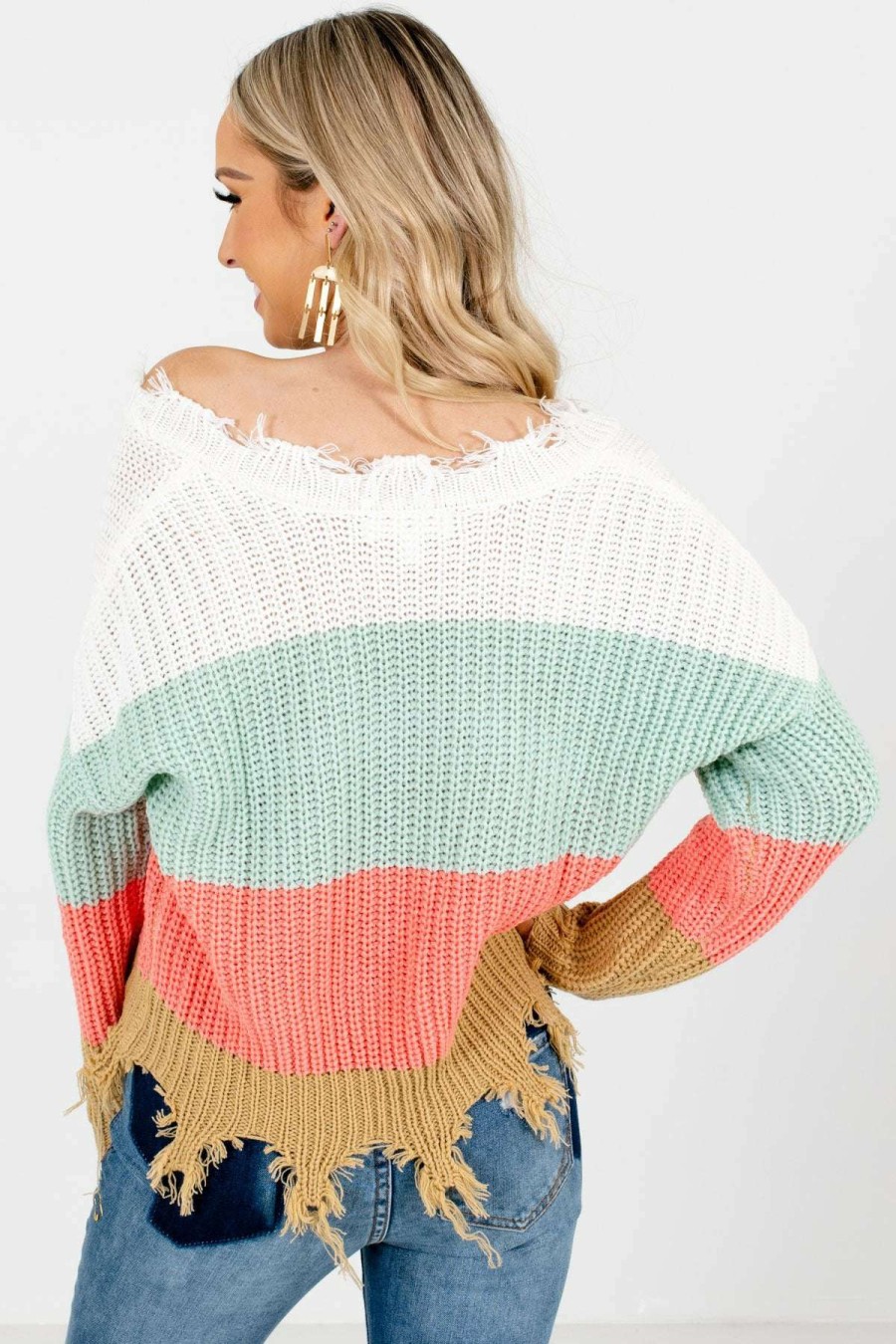 Sweaters * | Discount Love Tree / Style Melody Playful Hearts Mint Multi Striped Sweater