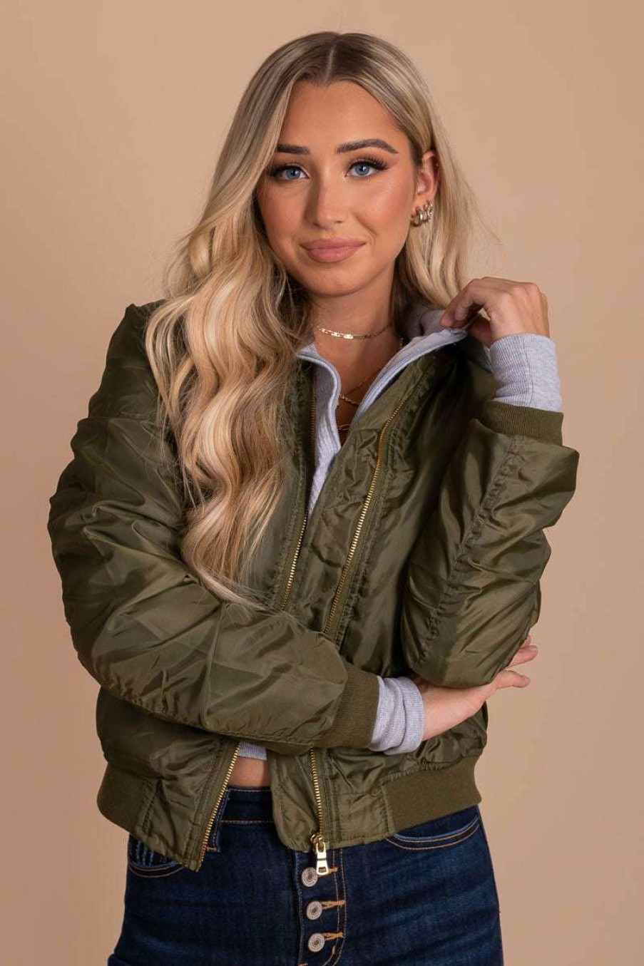 Jackets * | Promo Ultimate Offprice Fresh Pine Cropped Bomber Jacket Dark Green