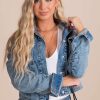 Jackets * | Flash Sale Kay Fashion All Eyes On Me Ruched Sleeve Denim Jacket Blue