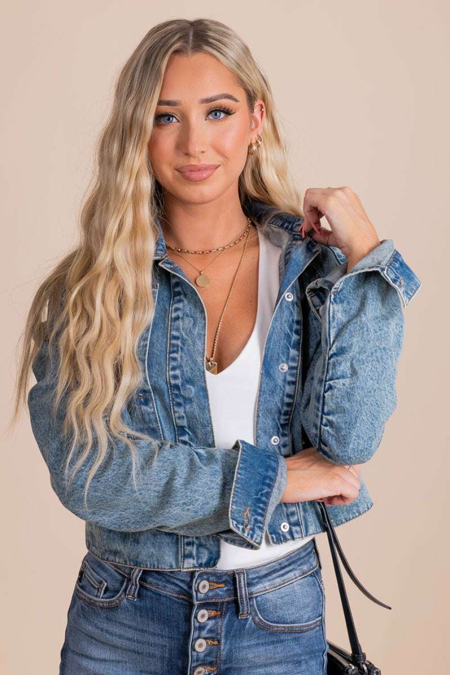 Jackets * | Flash Sale Kay Fashion All Eyes On Me Ruched Sleeve Denim Jacket Blue