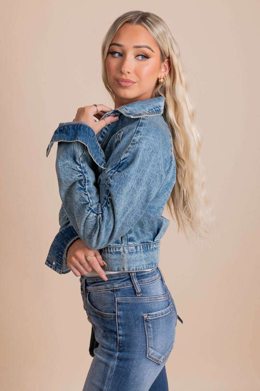 Jackets * | Flash Sale Kay Fashion All Eyes On Me Ruched Sleeve Denim Jacket Blue