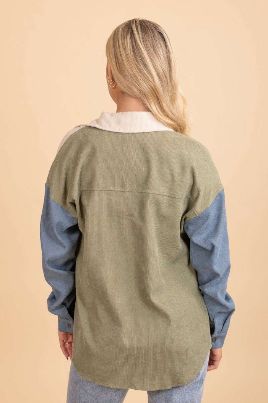 Jackets * | Buy Available Creative Mind Color Block Corduroy Jacket Green