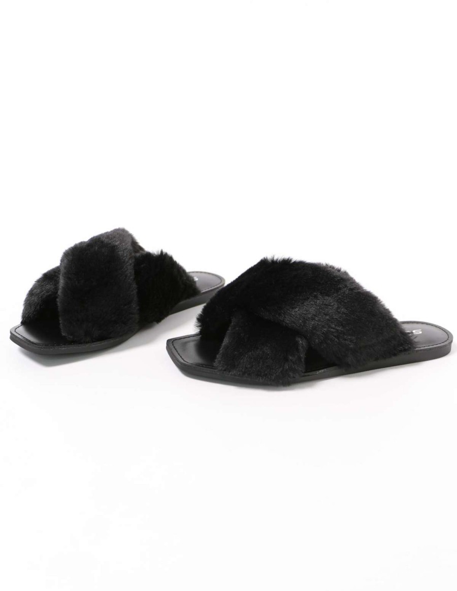 Shoes * | Hot Sale Soda Fuzzy Business Slide Black