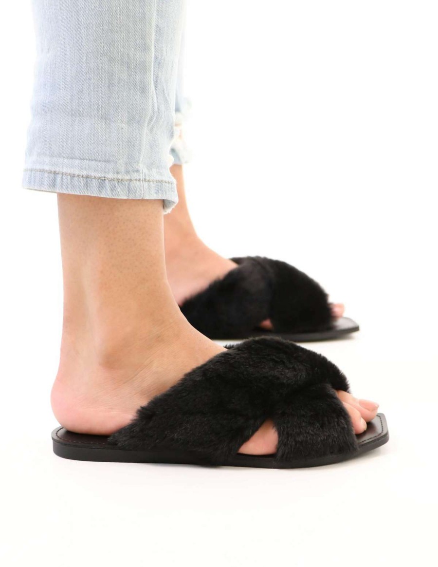 Shoes * | Hot Sale Soda Fuzzy Business Slide Black