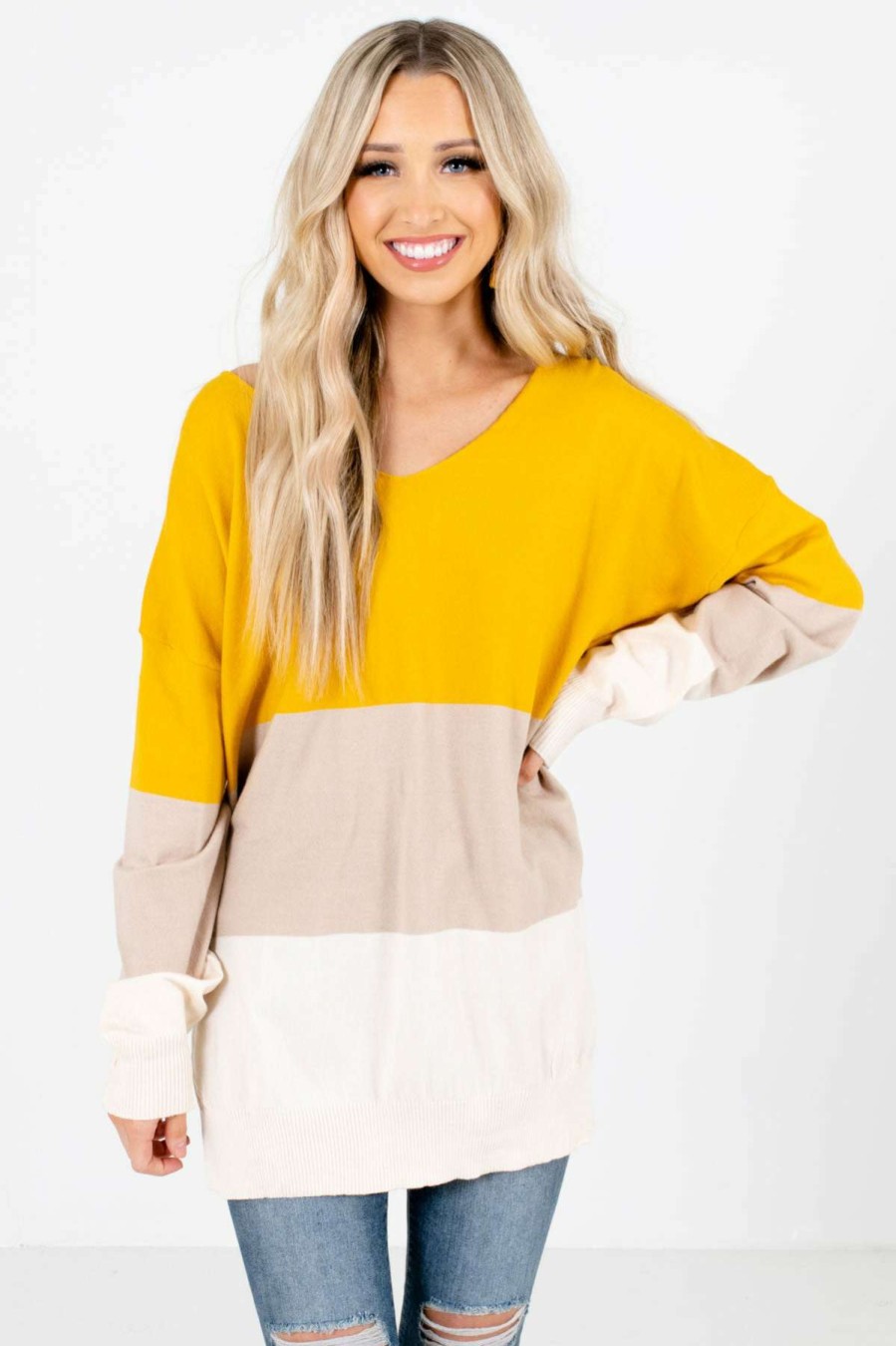 Sweaters * | Top 10 Bella Ella Boutique Wind Down Mustard Color Block Sweater