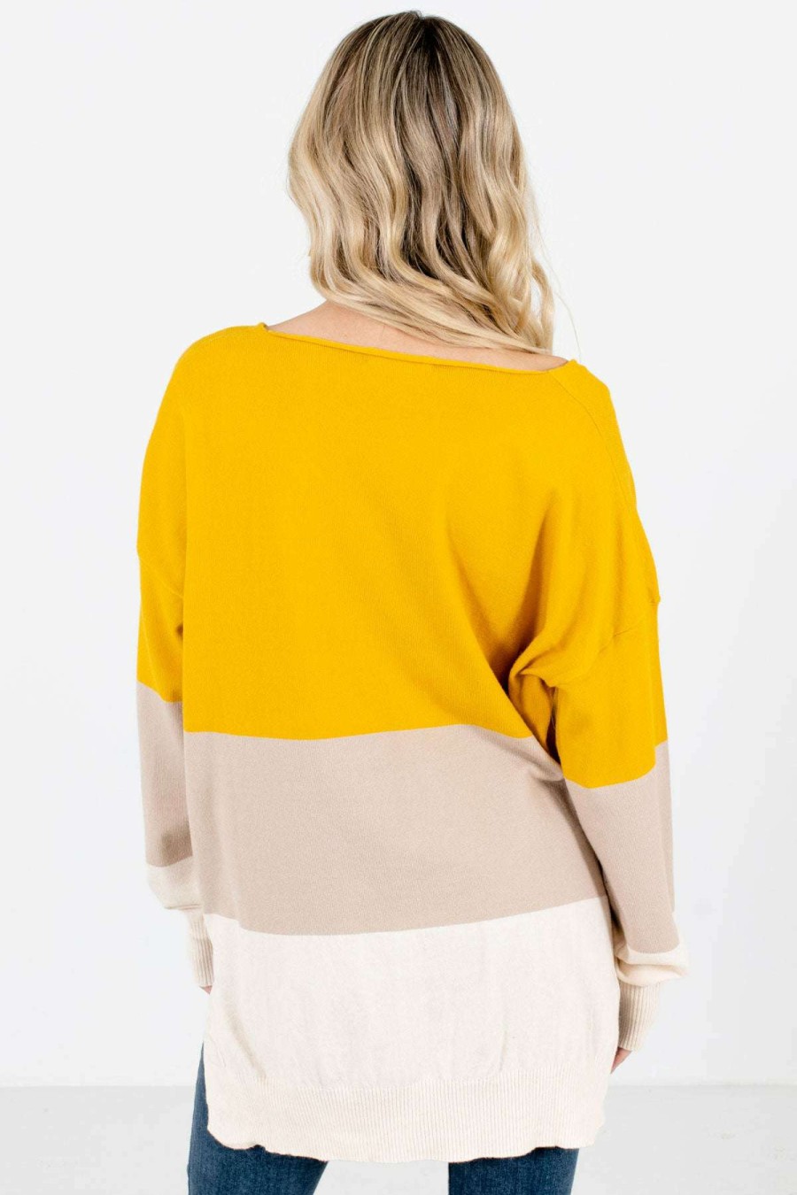 Sweaters * | Top 10 Bella Ella Boutique Wind Down Mustard Color Block Sweater