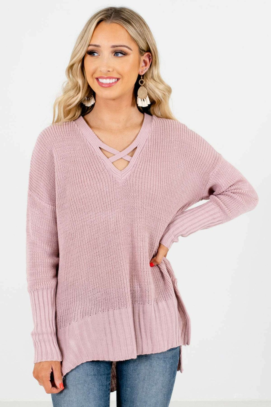 Sweaters * | Buy Bella Ella Boutique She'S So Fabulous Pink Knit Sweater