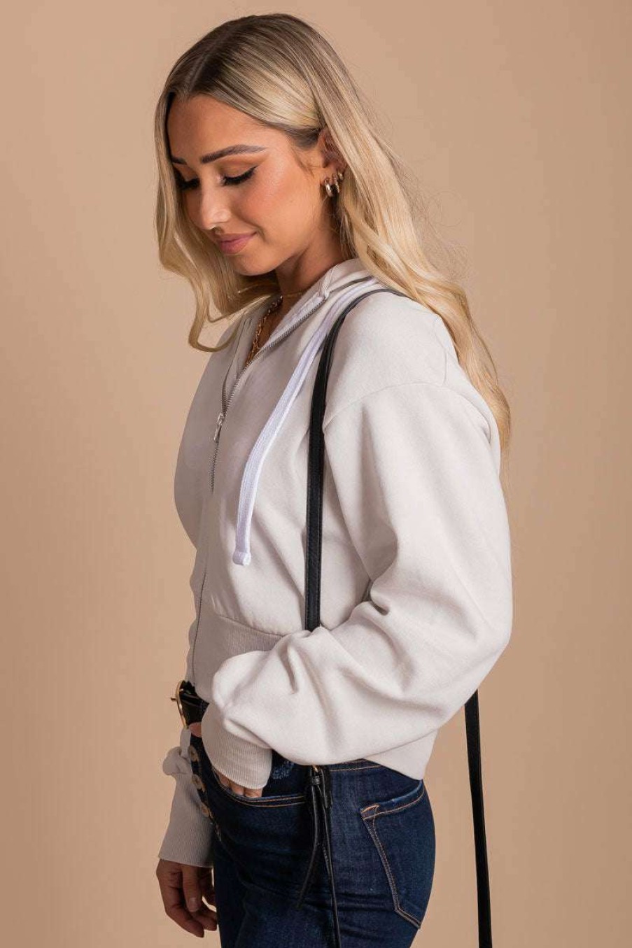 Jackets * | Wholesale Reflex Moonstone Cropped Zip-Up Hoodie Off White