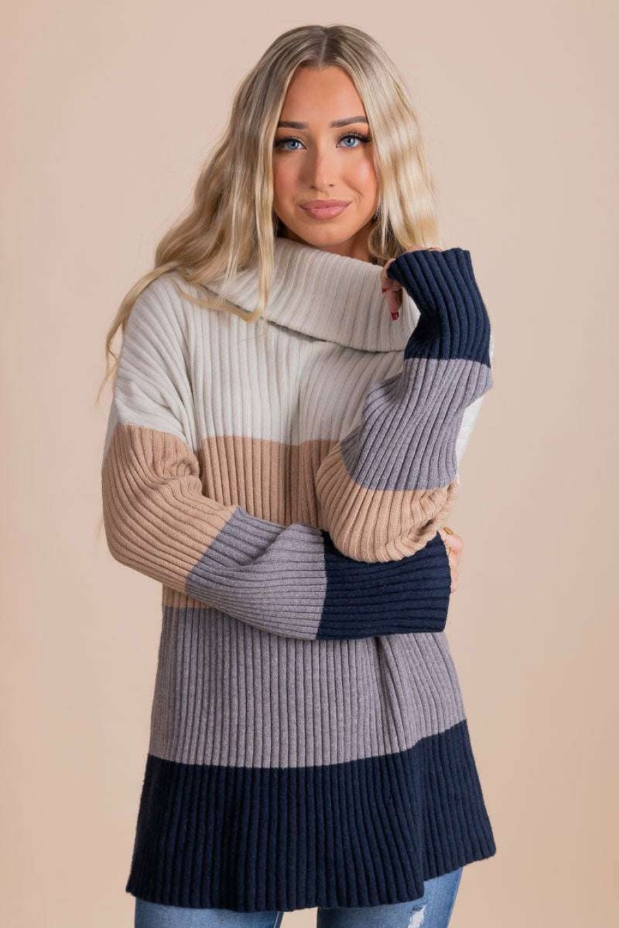 Sweaters * | Coupon Wholesale Fashion Trends Me Plus You Striped Cowl Neck Sweater Gray