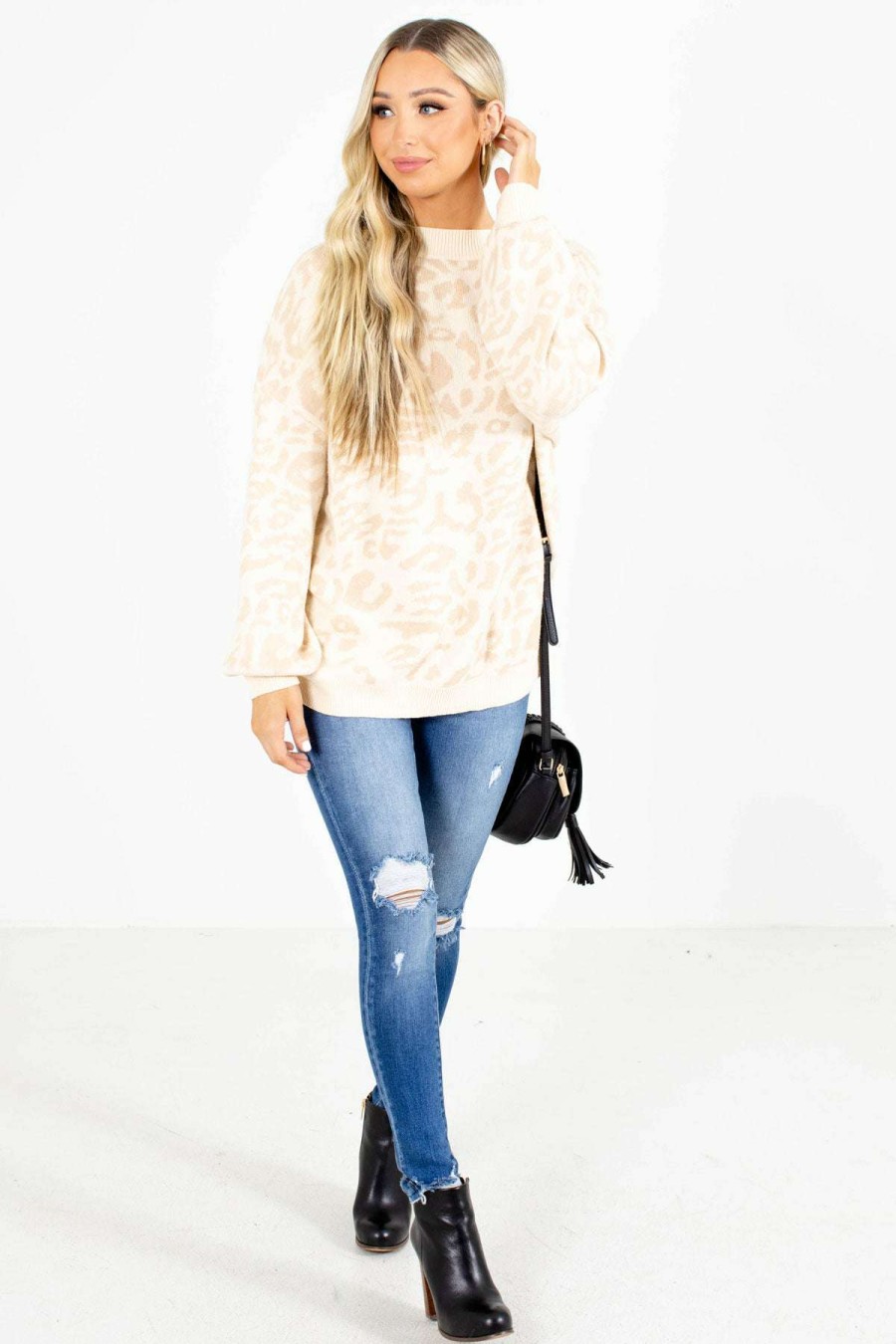 Sweaters * | Hot Sale Lime N' Chili Natural Habitat Leopard Print Sweater Cream