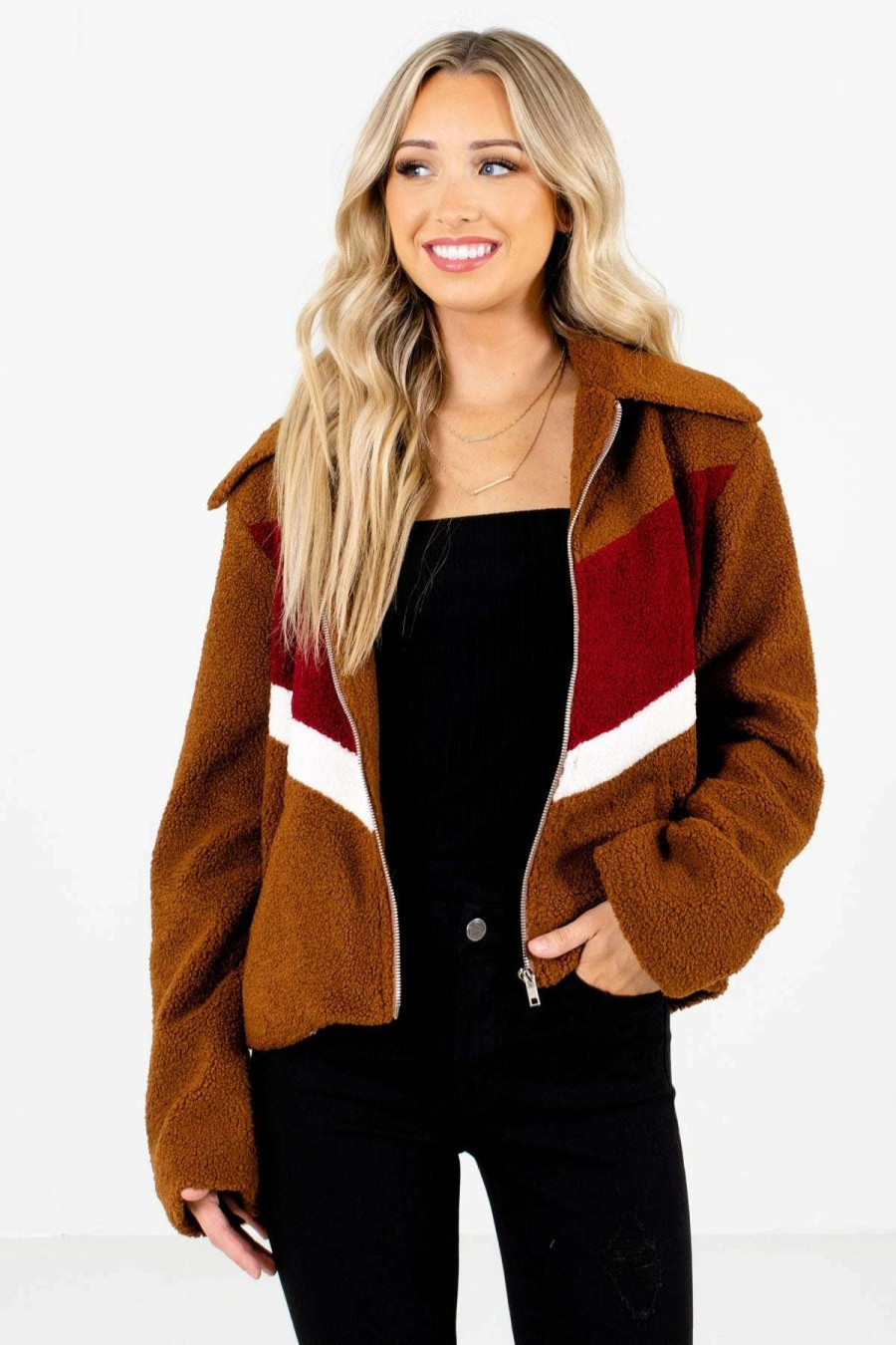 Jackets * | New Bella Ella Boutique Fall Break Brown Color Block Jacket