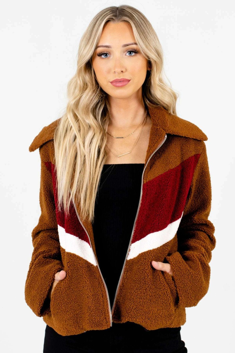 Jackets * | New Bella Ella Boutique Fall Break Brown Color Block Jacket