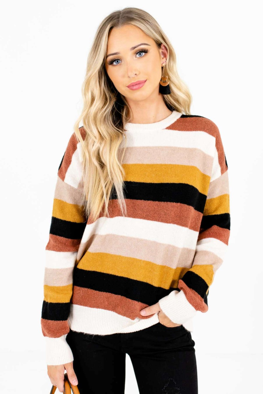 Sweaters * | Discount Bella Ella Boutique Autumn Wishes Cream Multi Striped Sweater