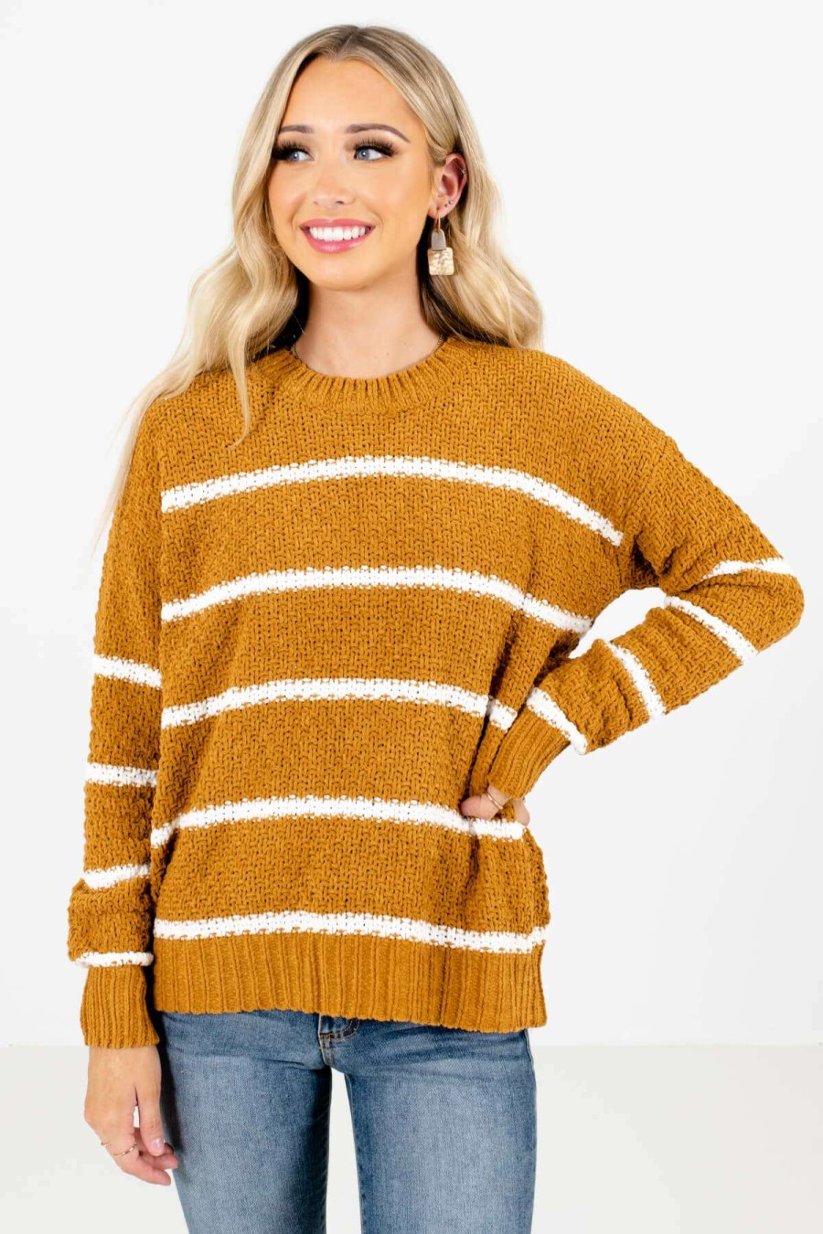 Sweaters * | Best Pirce Bella Ella Boutique Falling In Love Mustard Striped Sweater