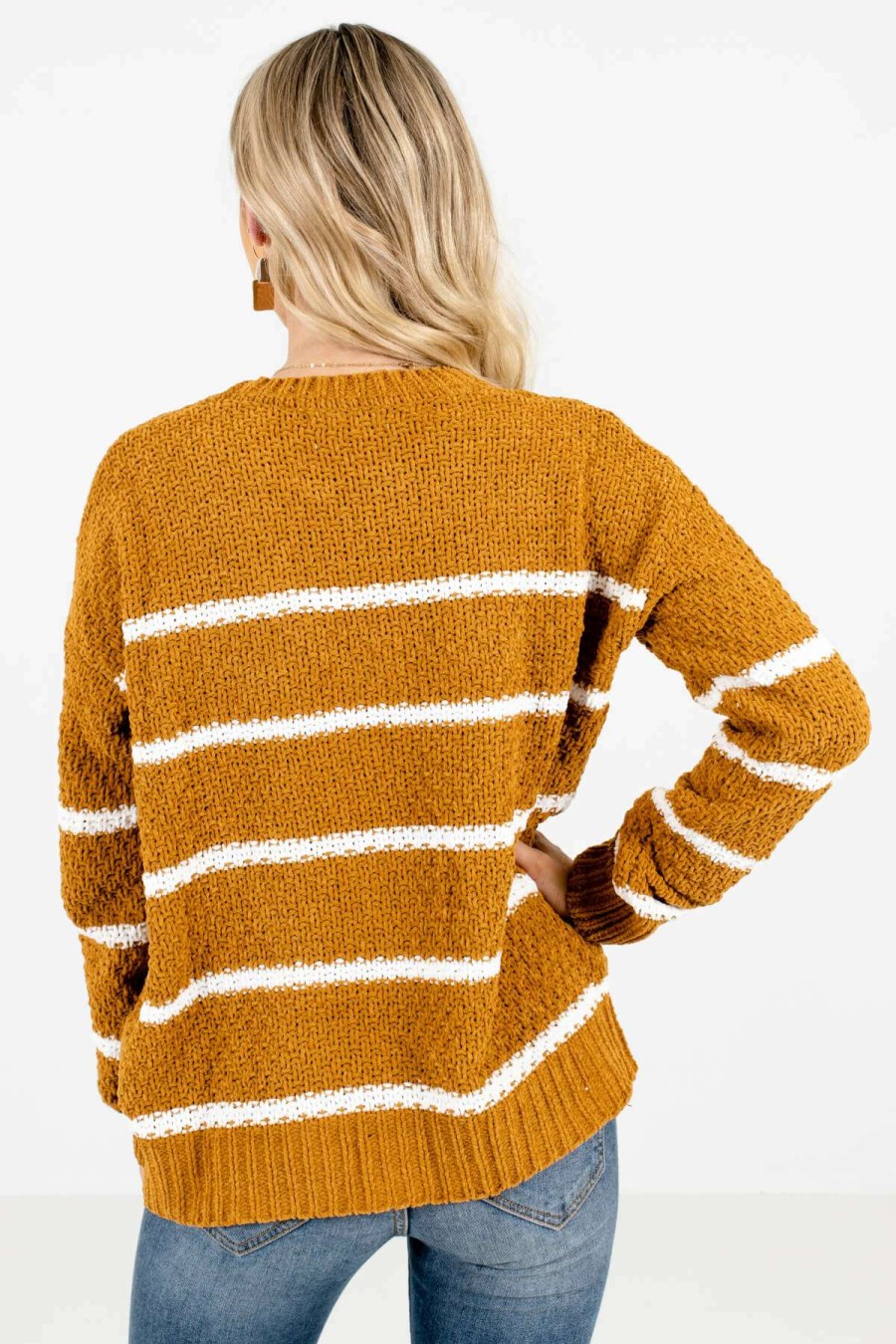 Sweaters * | Best Pirce Bella Ella Boutique Falling In Love Mustard Striped Sweater