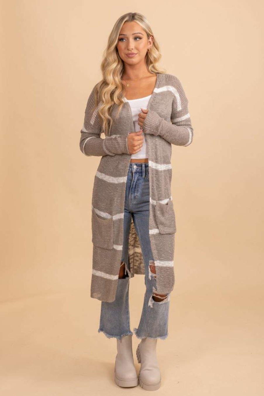 Cardigans * | Brand New Wholesale Fashion Trends Speak Beautiful Things Long Striped Cardigan Gray