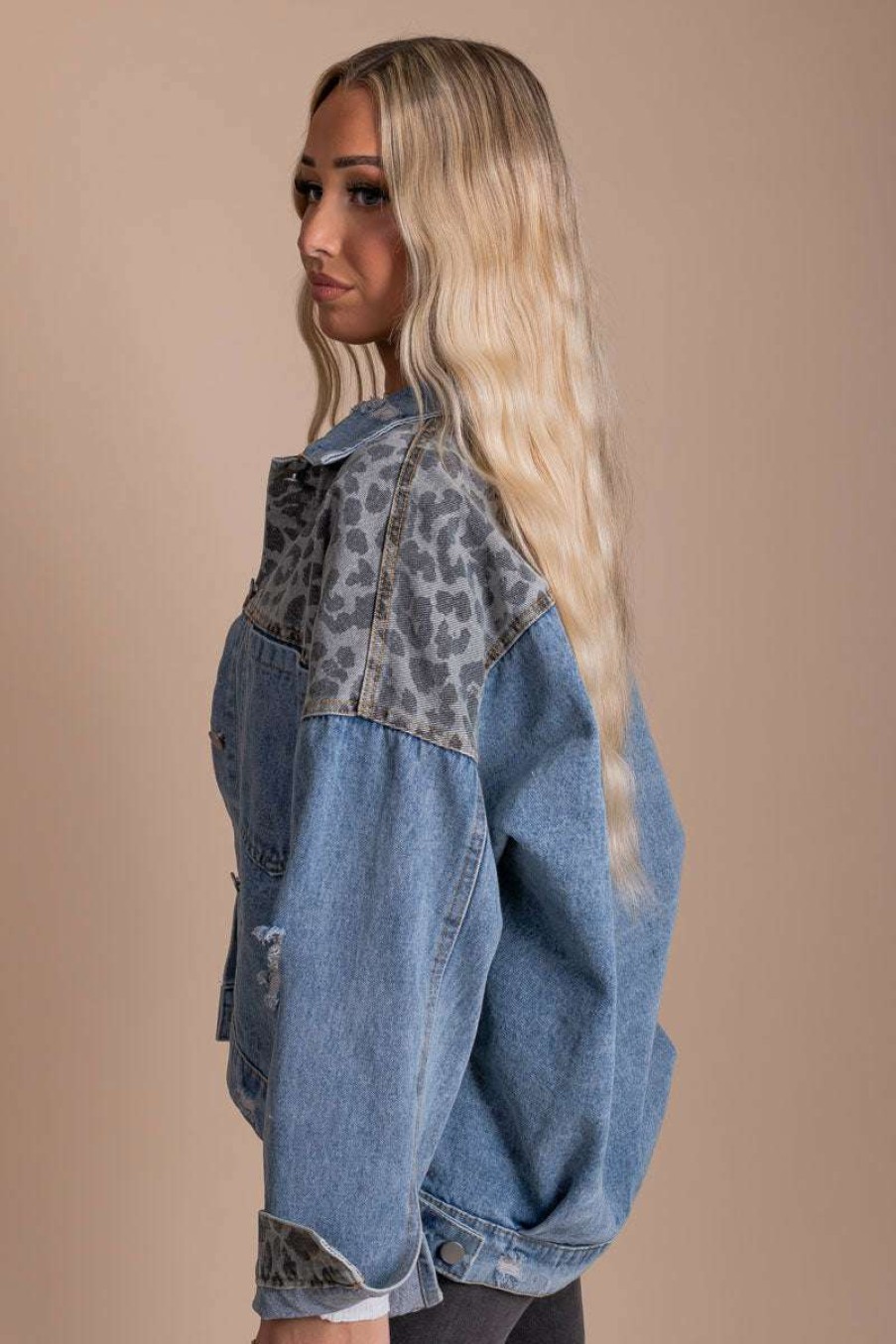 Jackets * | Best Sale B Wildest Dreams Animal Print Denim Jacket Blue