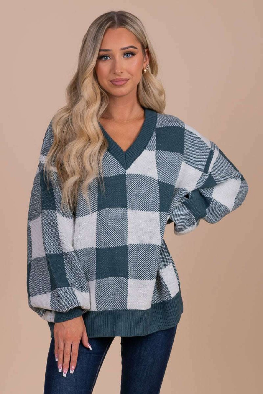 Sweaters * | Coupon Listicle Sundance Slopes Plaid Sweater Green Emerald Green