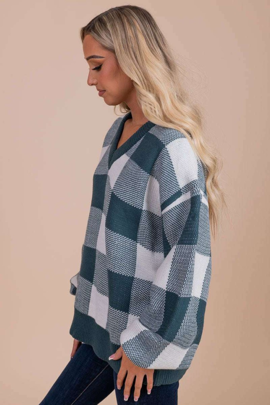 Sweaters * | Coupon Listicle Sundance Slopes Plaid Sweater Green Emerald Green