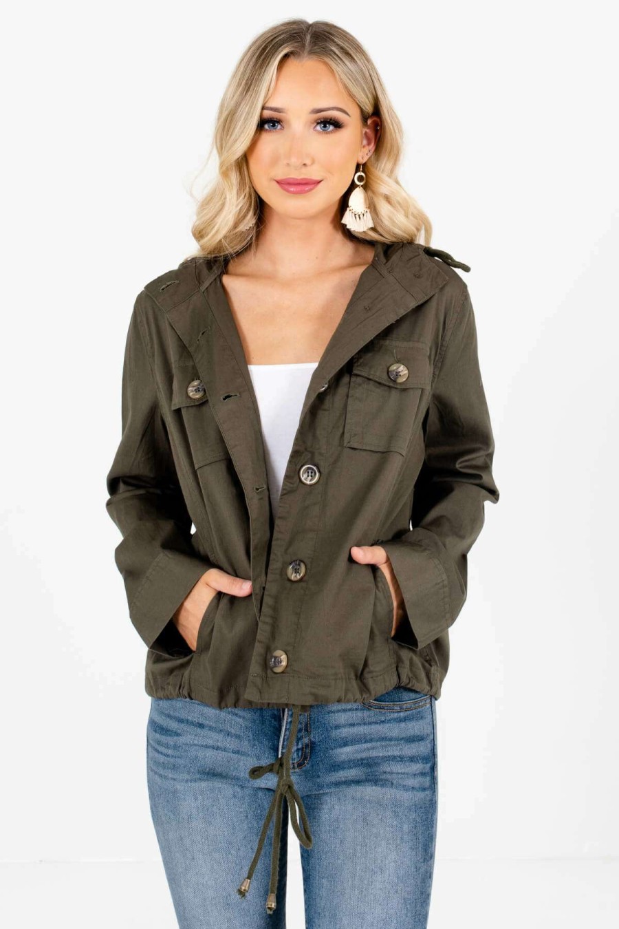 Jackets * | Top 10 Bella Ella Boutique Hello Gorgeous Olive Green Jacket