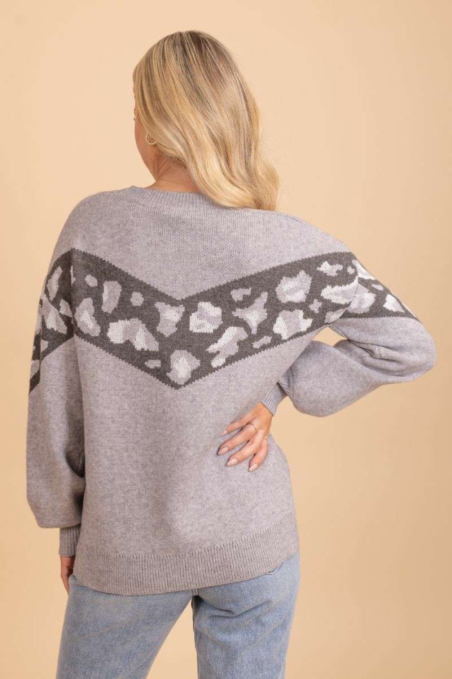 Sweaters * | Best Deal Hem & Thread Inner Cheetah Print Sweater Light Gray