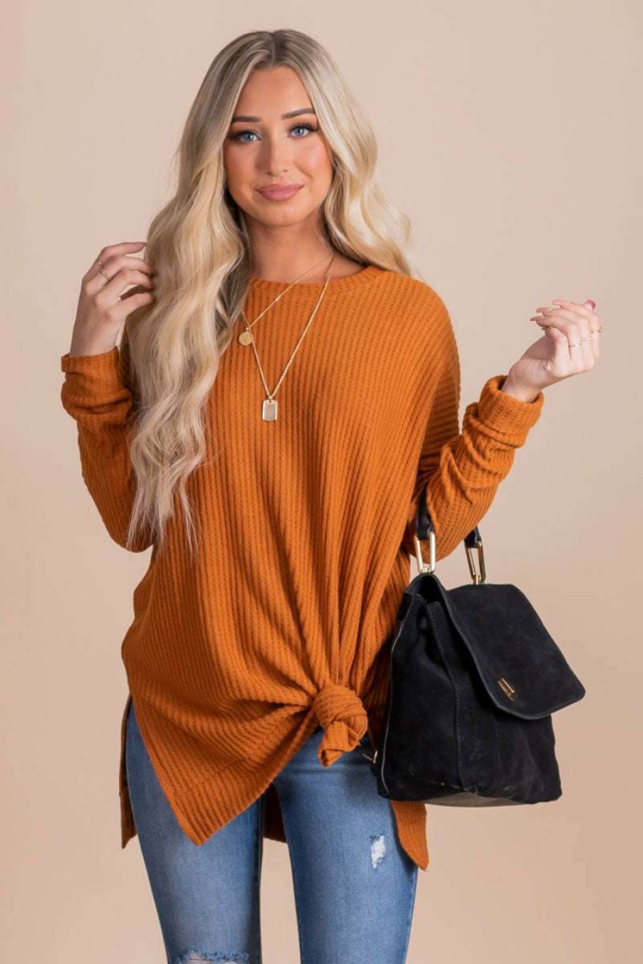 Sweaters * | Buy Zenana Life Goes On Long Sleeve Waffle Top