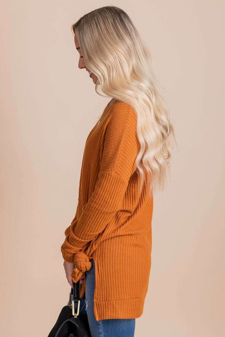 Sweaters * | Buy Zenana Life Goes On Long Sleeve Waffle Top