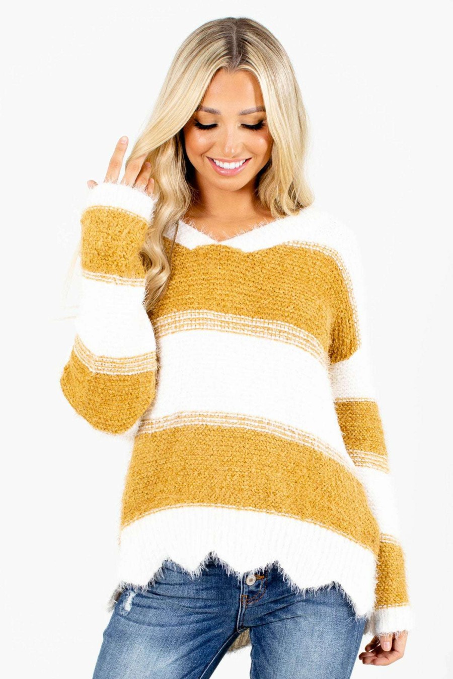 Sweaters * | Deals Kori Sugar & Spice Mustard Striped Sweater