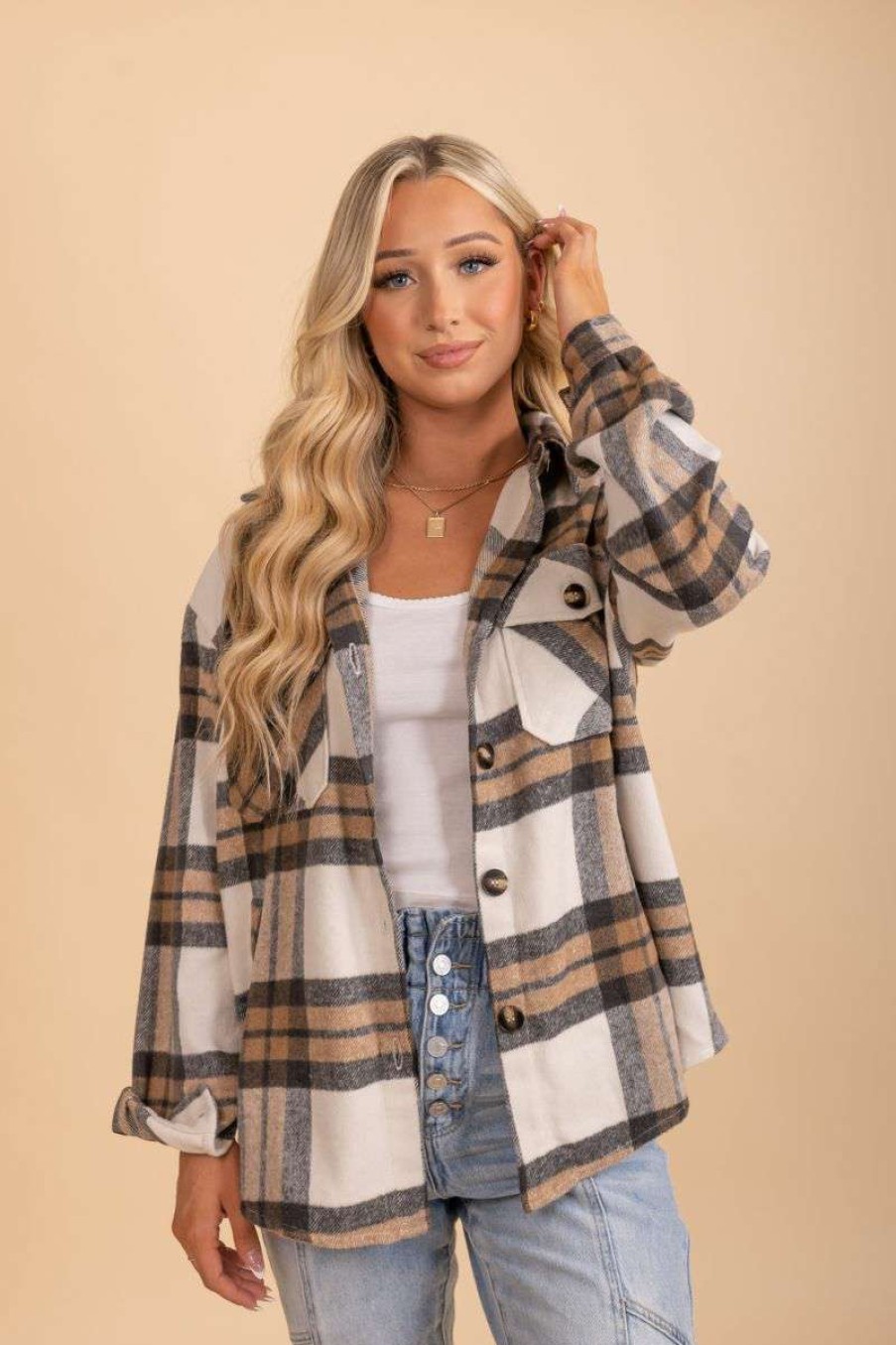 Jackets * | Deals Wholesale Fashion Trends My Life Button Up Plaid Jacket Brown