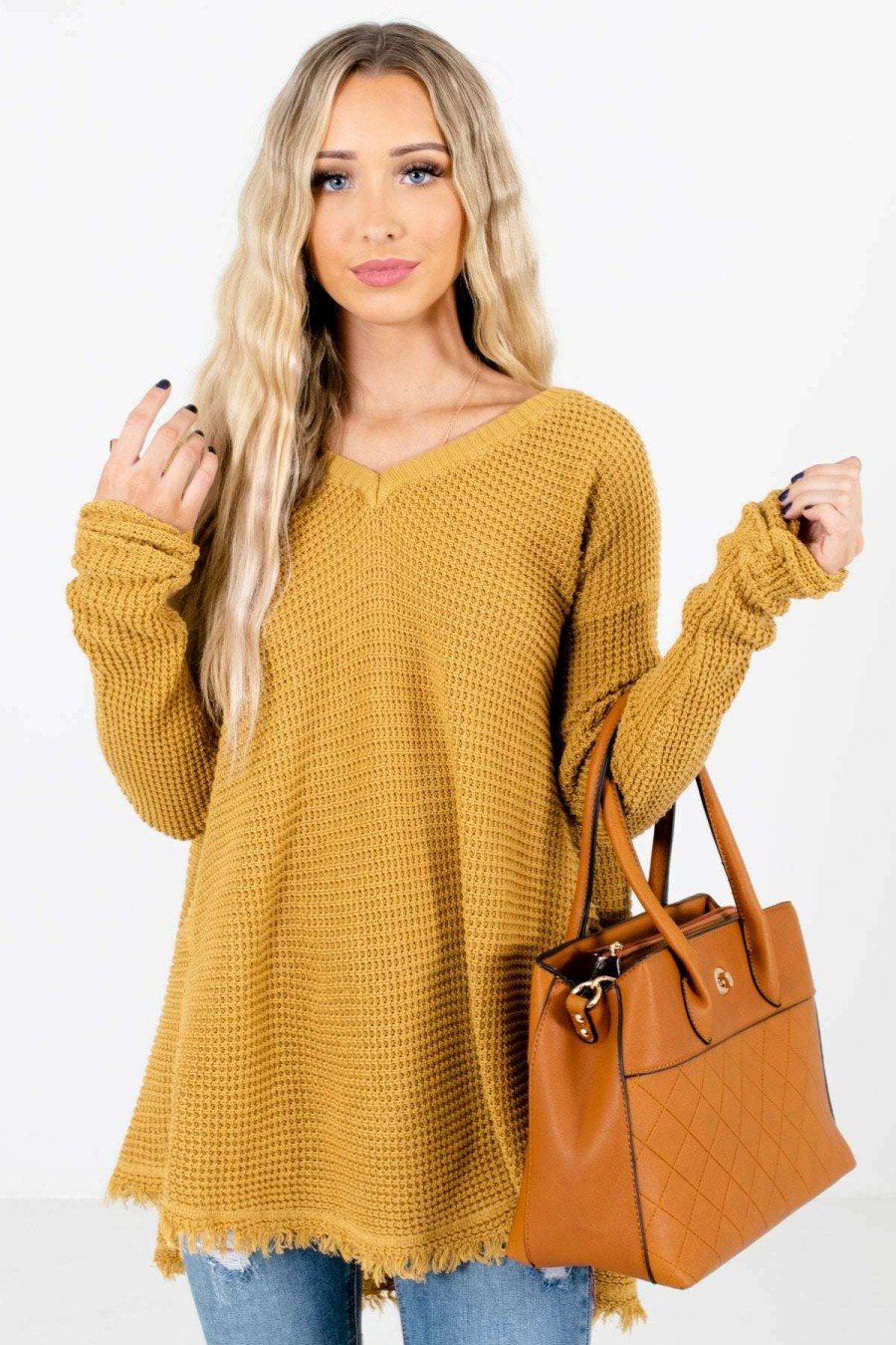 Sweaters * | Discount Bella Ella Boutique Open-Minded Mustard Knit Sweater