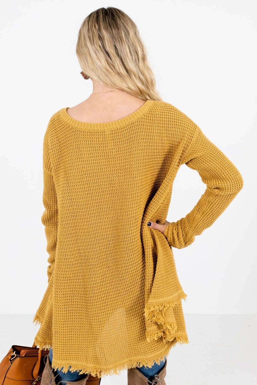 Sweaters * | Discount Bella Ella Boutique Open-Minded Mustard Knit Sweater