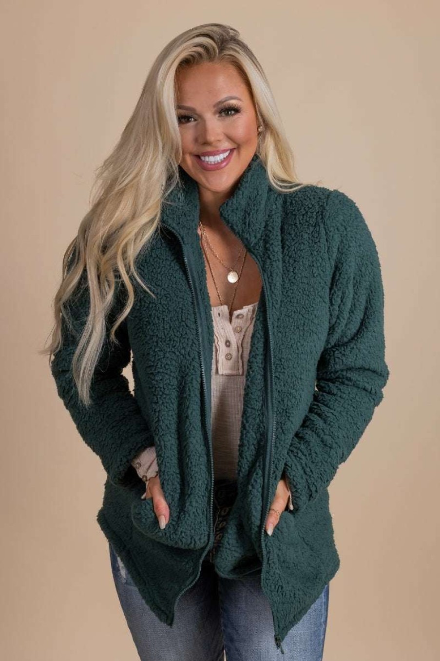 Jackets * | Best Pirce Color Alien All Bundled Up Faux Sherpa Jacket Dark Green