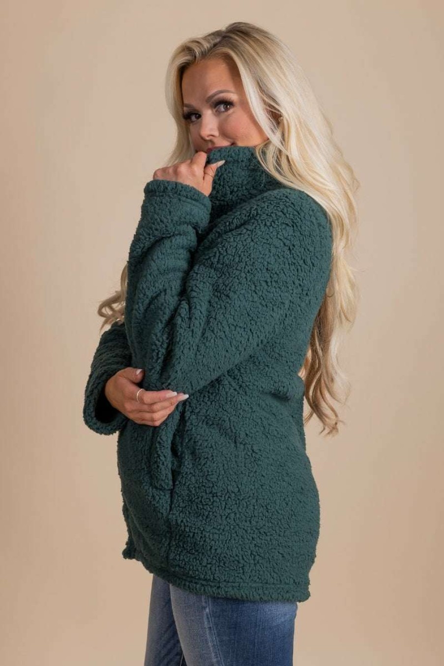 Jackets * | Best Pirce Color Alien All Bundled Up Faux Sherpa Jacket Dark Green