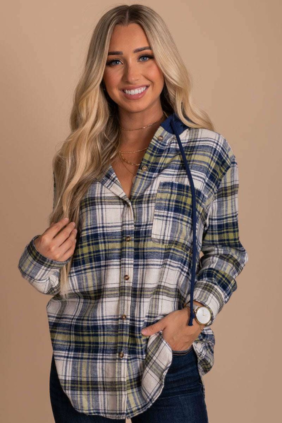 Sweaters * | Best Deal Love Tree / Style Melody Shaded Twilight Plaid Hooded Top Dark Blue