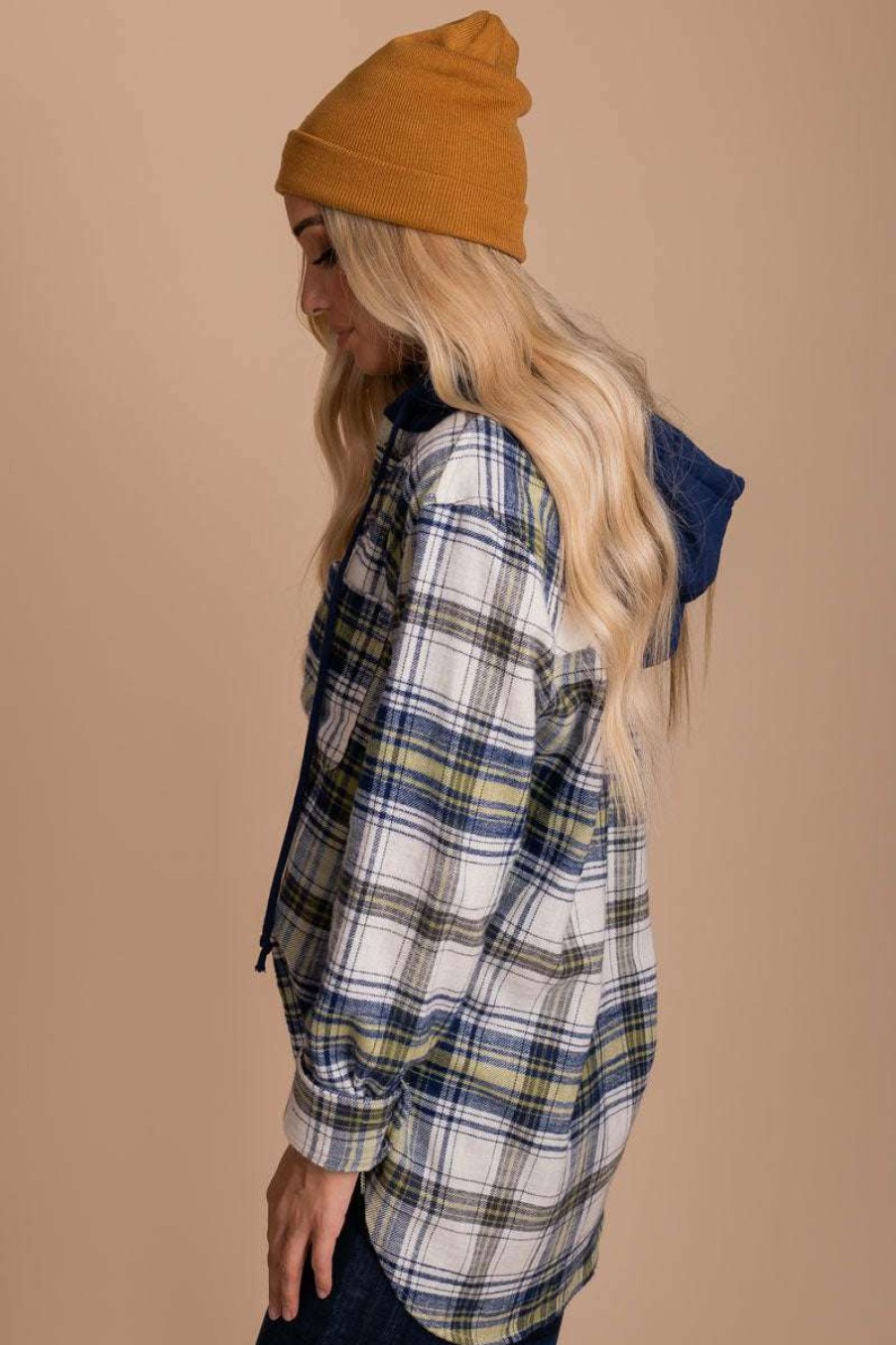 Sweaters * | Best Deal Love Tree / Style Melody Shaded Twilight Plaid Hooded Top Dark Blue