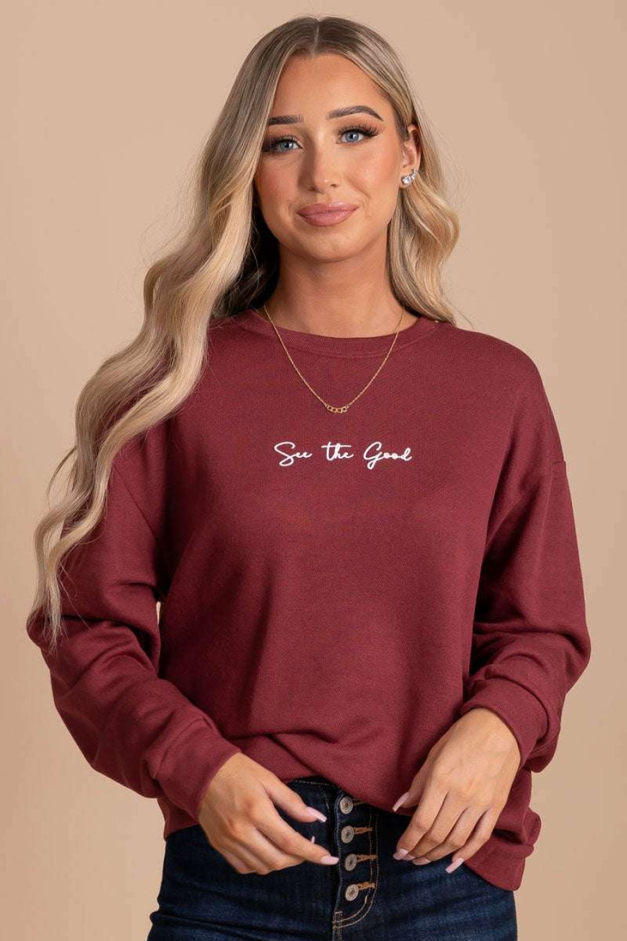 Sweaters * | Best Deal Tres Bien See The Good Pullover Sweater Red Dark Red