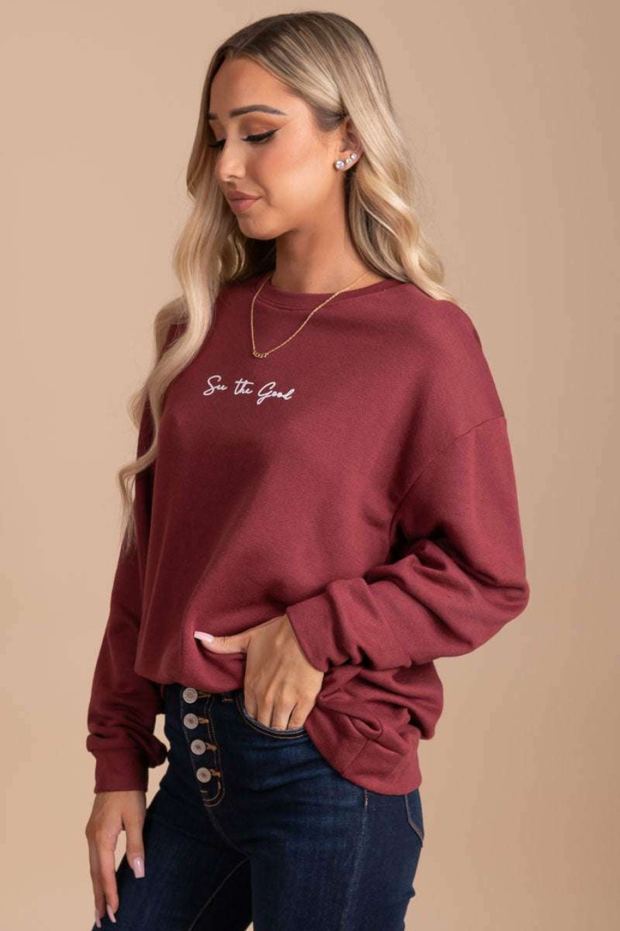 Sweaters * | Best Deal Tres Bien See The Good Pullover Sweater Red Dark Red