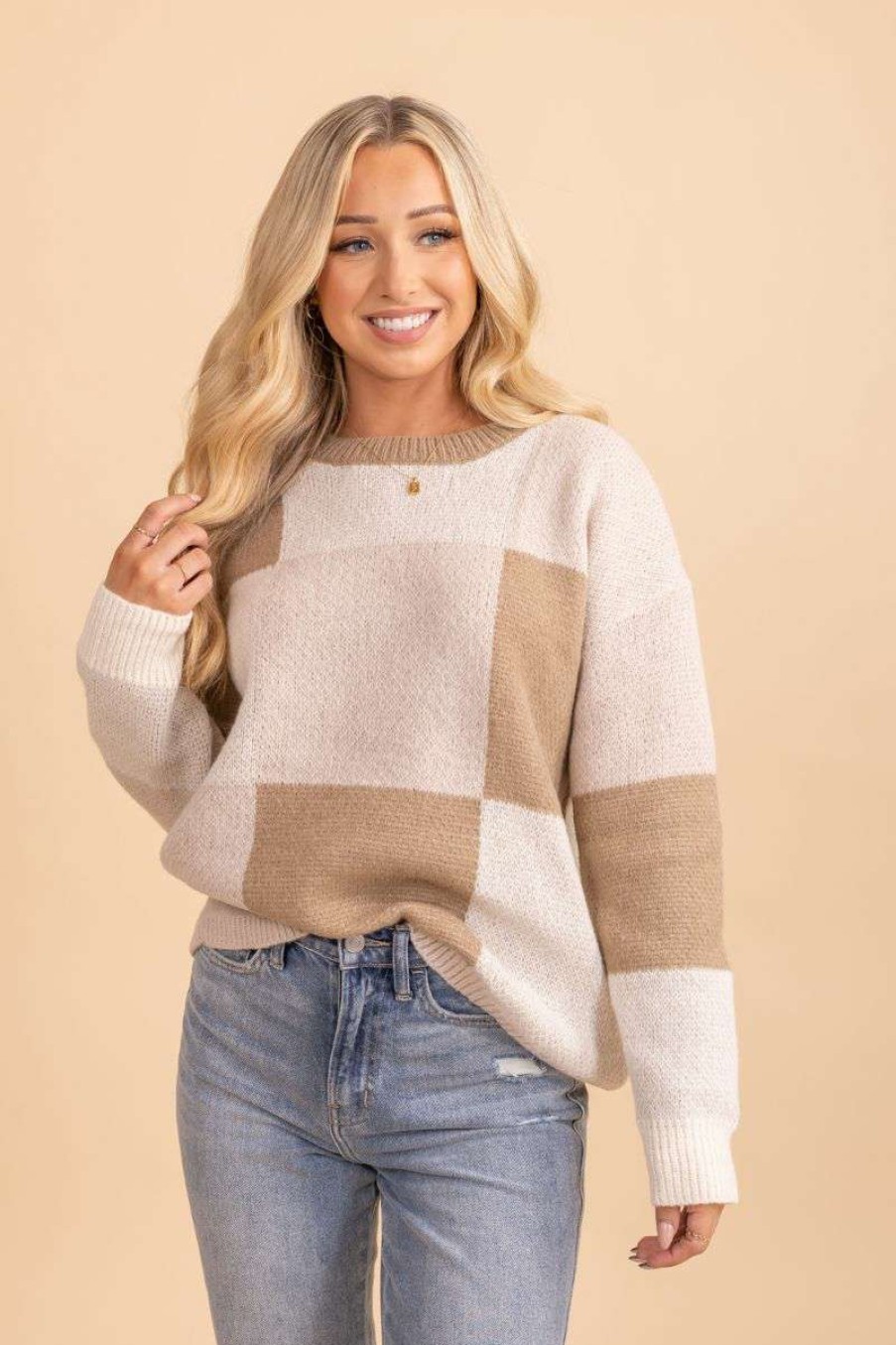 Sweaters * | Deals Better Be Be Groovy Checkered Sweater Light Brown