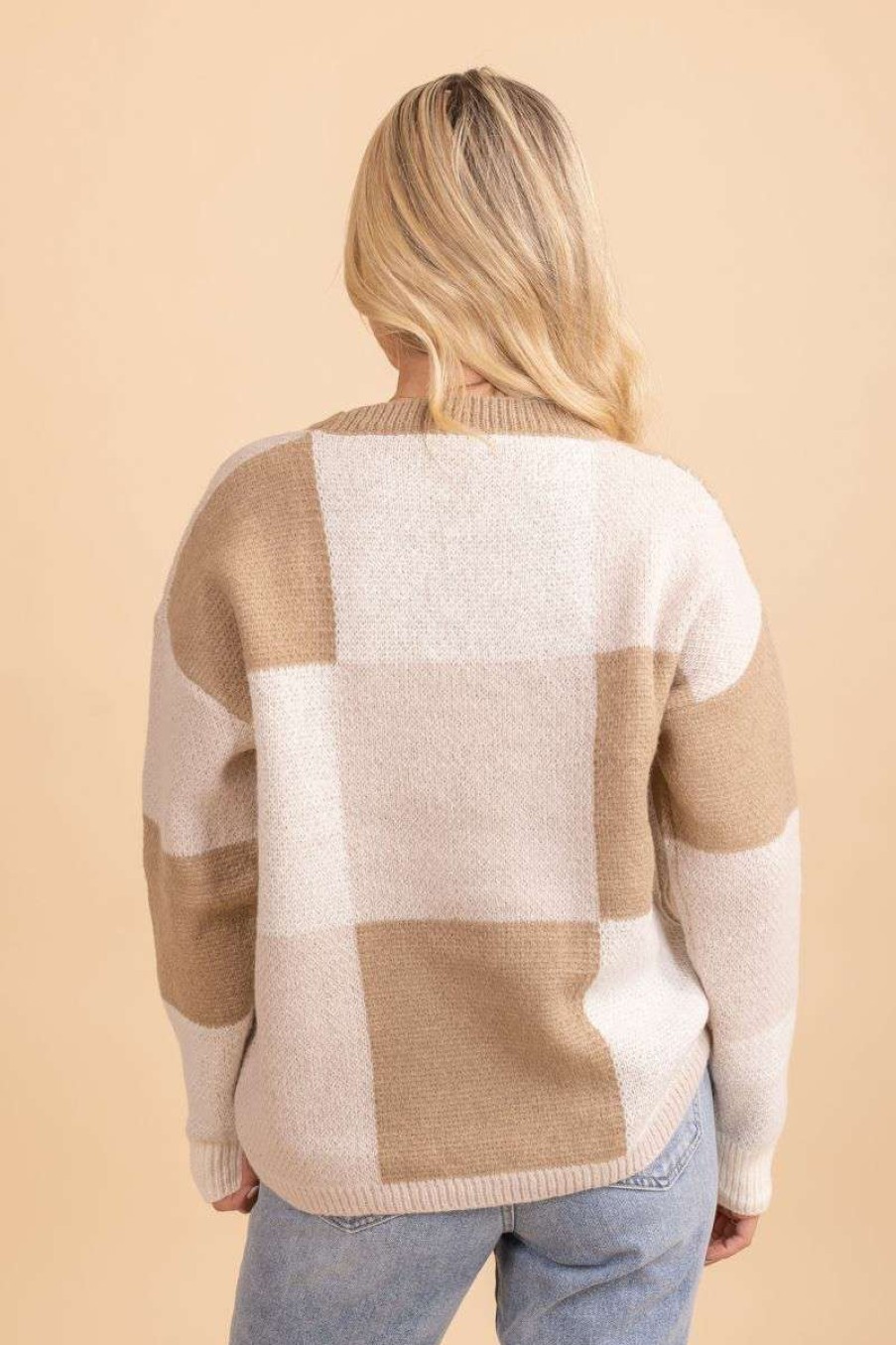 Sweaters * | Deals Better Be Be Groovy Checkered Sweater Light Brown