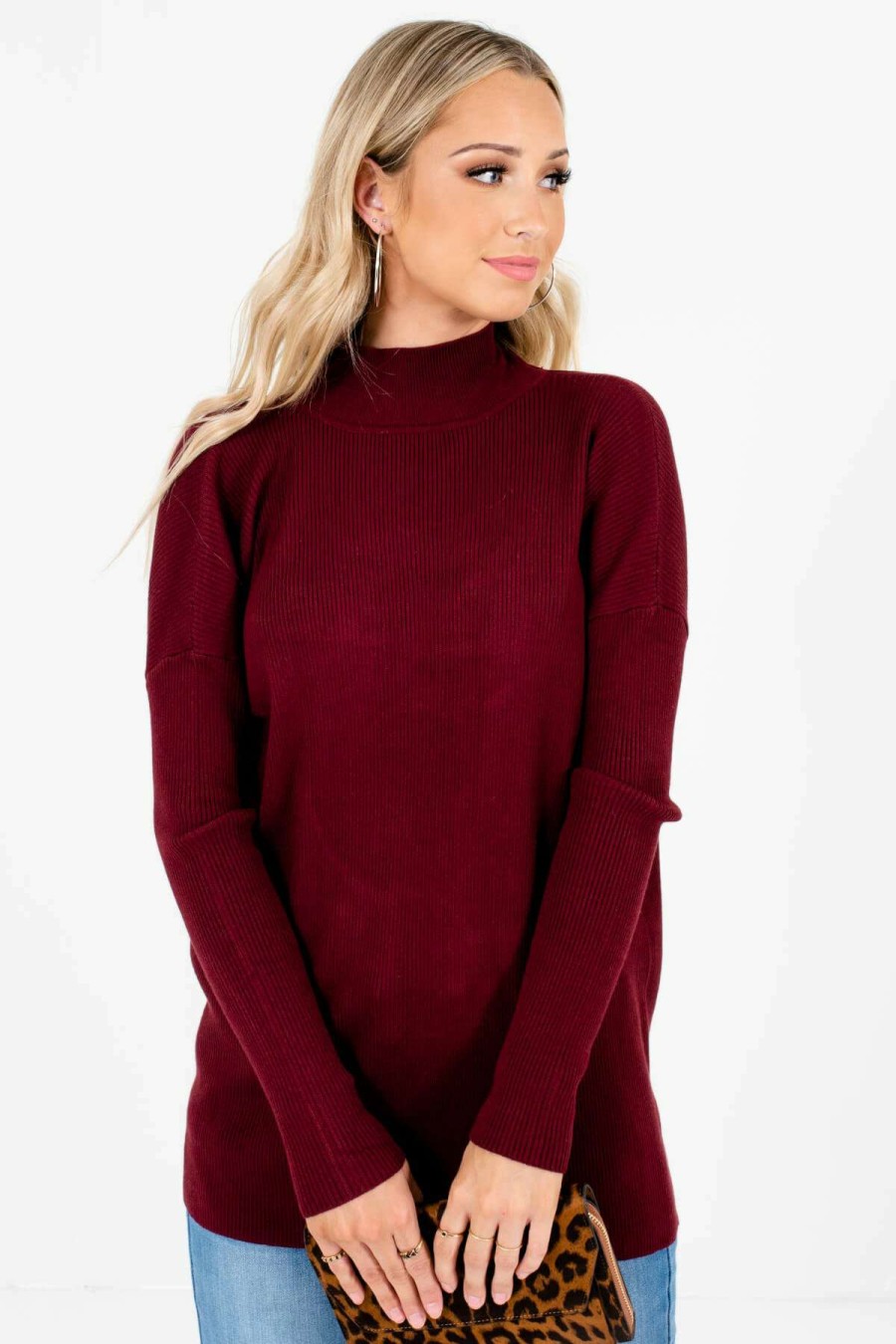 Sweaters * | Top 10 Bella Ella Boutique Forever & Always Open Back Sweater Burgundy