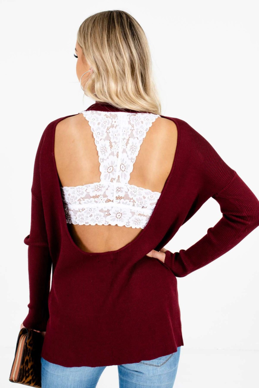 Sweaters * | Top 10 Bella Ella Boutique Forever & Always Open Back Sweater Burgundy