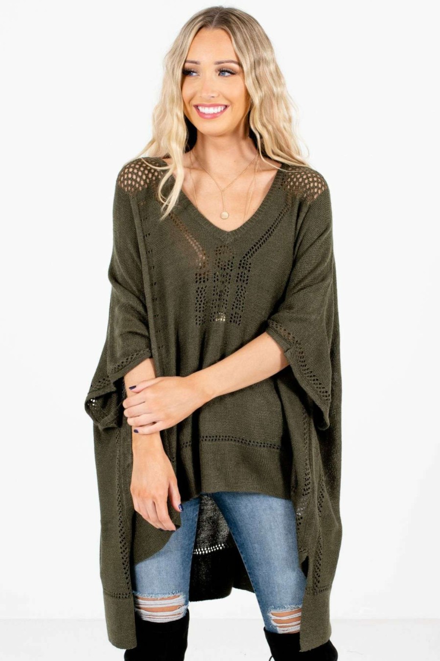 Sweaters * | Promo Bella Ella Boutique Joyful Heart Olive Green Sweater Poncho