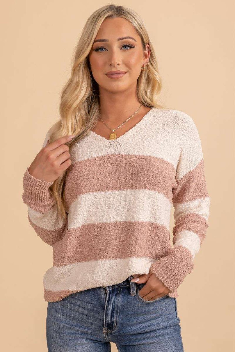 Sweaters * | Wholesale Almost Nothing Cozy Retreat Striped V-Neck Sweater