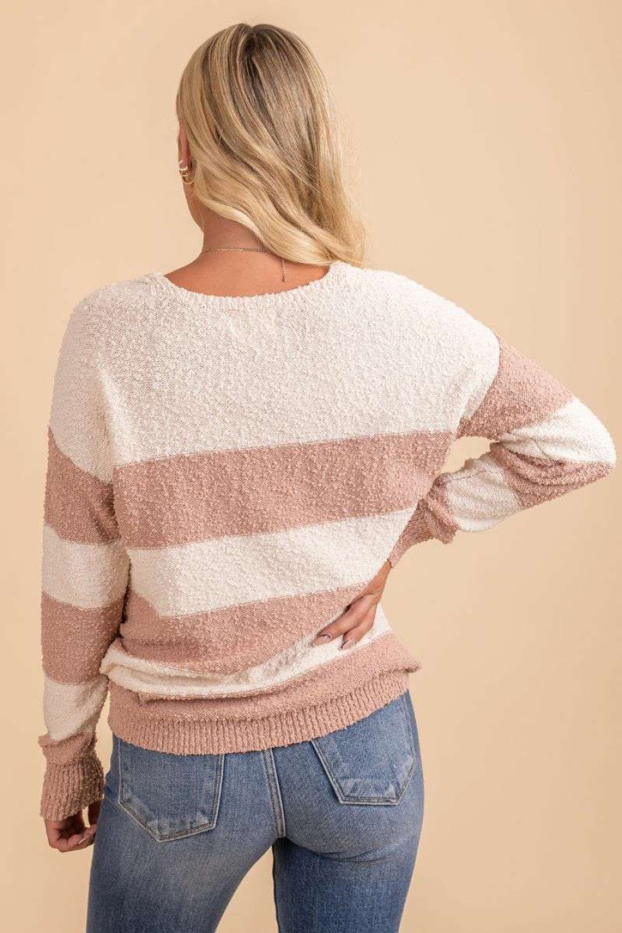 Sweaters * | Wholesale Almost Nothing Cozy Retreat Striped V-Neck Sweater