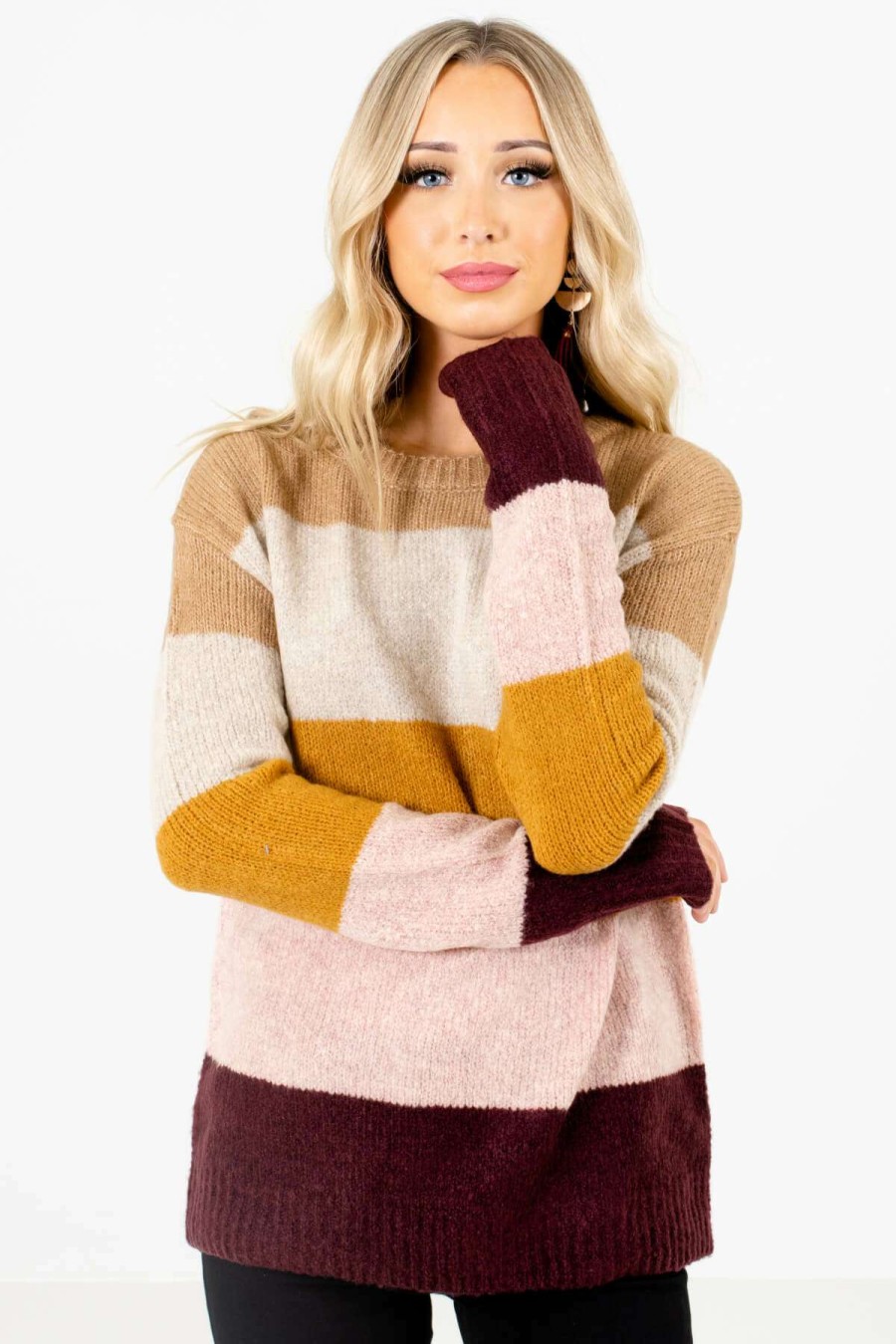 Sweaters * | Best Deal Bella Ella Boutique Dream Come True Mustard Multi Striped Sweater